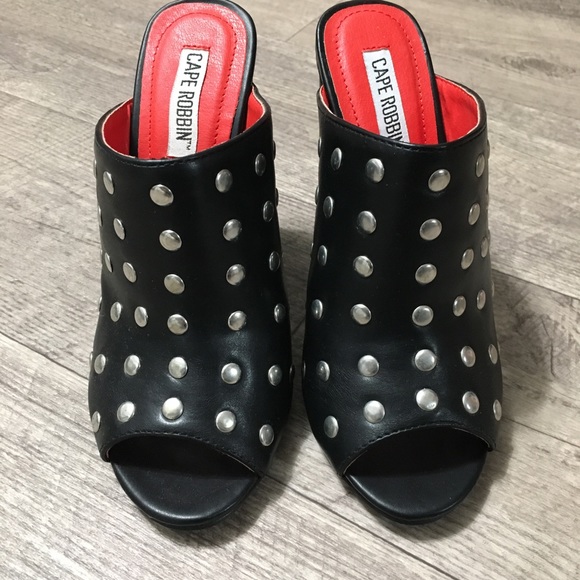 NWB Quinn Black Studded Peep-Toe Heeled Mules - Picture 8 of 9